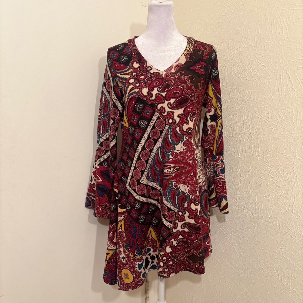WinWin Flare Tunic Mini Dress Paisley V-Neck Bell Sleeve S/M Boho Hippie Retro